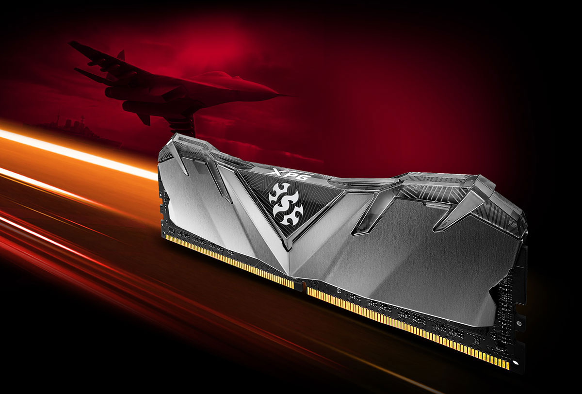 A GAMMIX D30 memory module with translucent black top cover on an air strip. The background is a fighter jet in the air and a battle ship